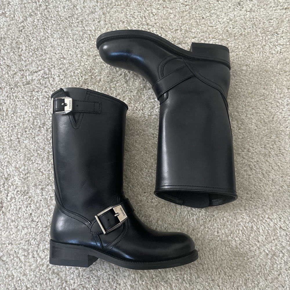 NWT Versace Black Leather Moto Boots, 6.5